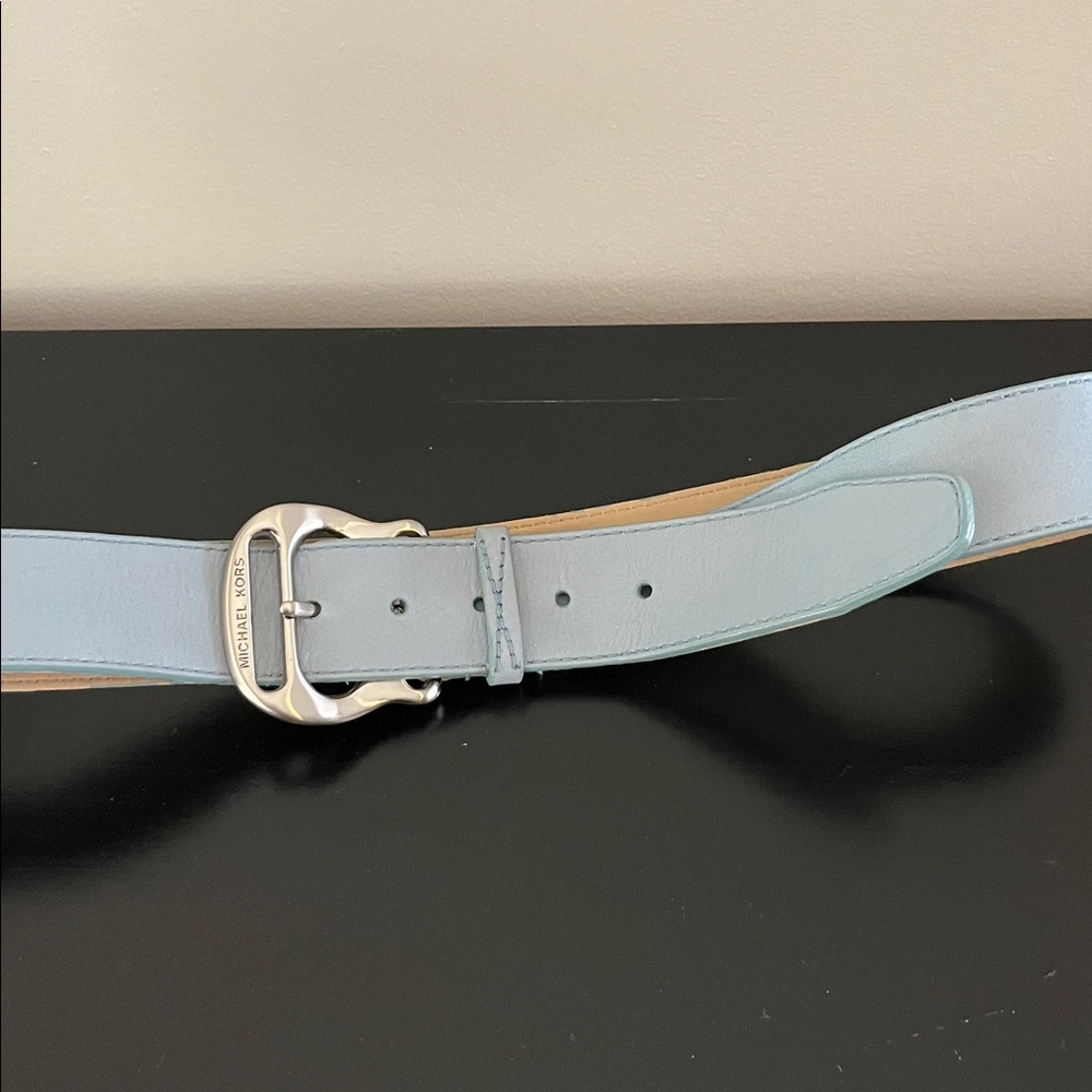 Michael Kors Dusty Blue Leather Belt with Silver Buckle - Picture 3 of 3